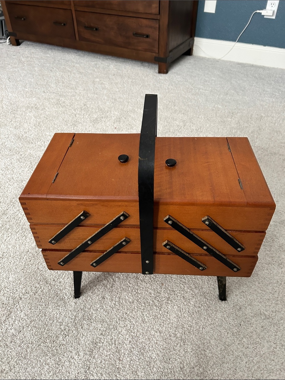 Vintage Wooden Sewing Box with Black Accents and feet. - Picture 8 of 15
